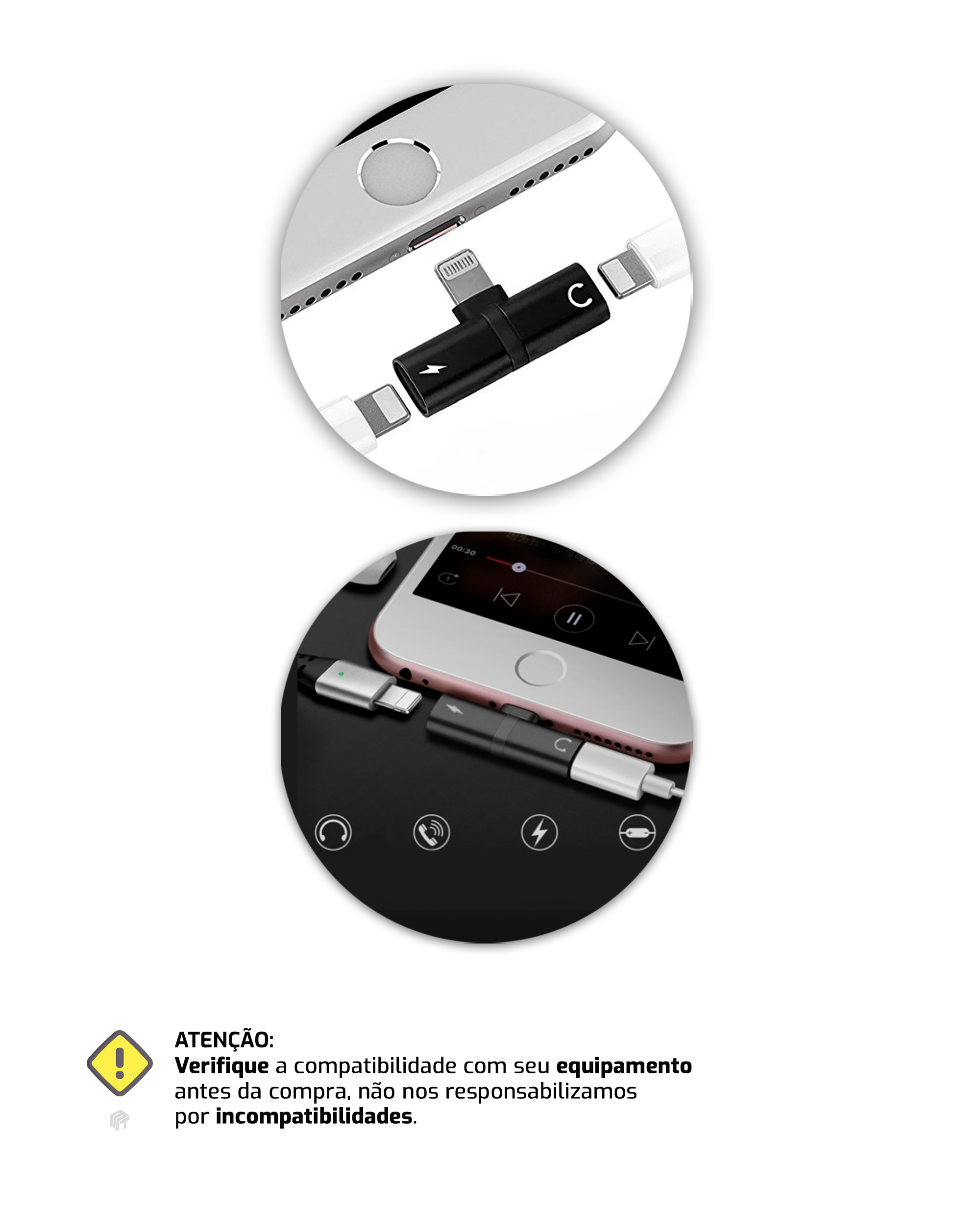 Adaptador de iPhone para Fone e Carregador Duplo